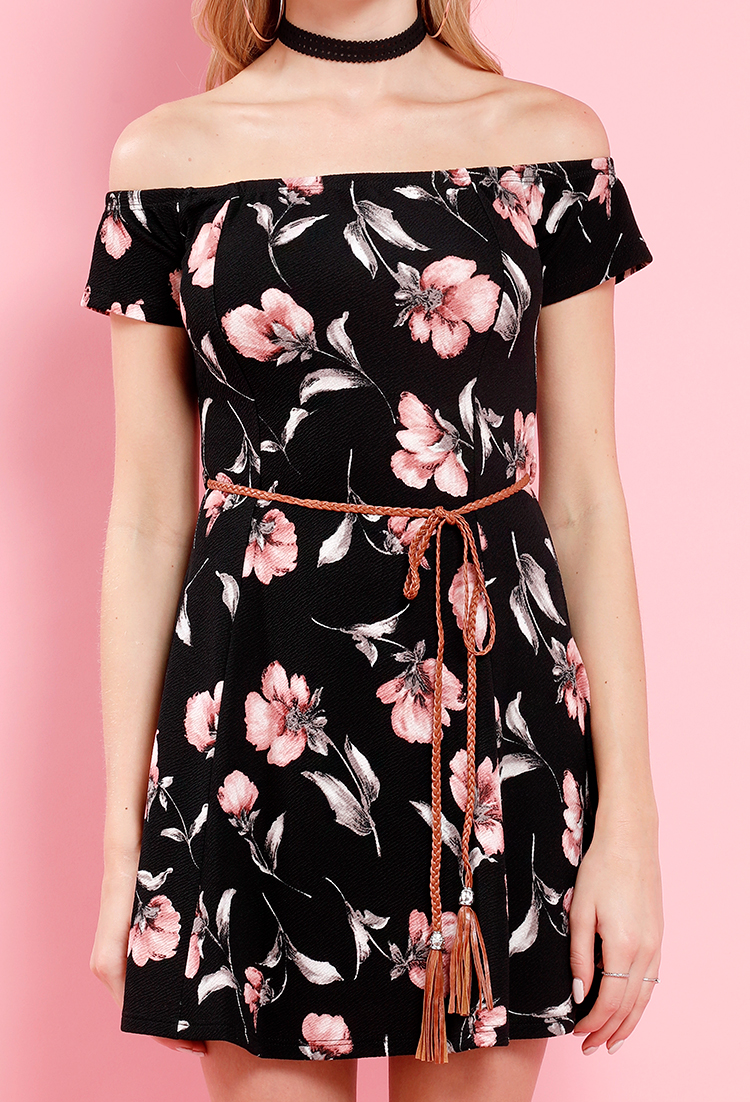Fit And Flare Floral Off-The-Shoulder Belted Mini Dress