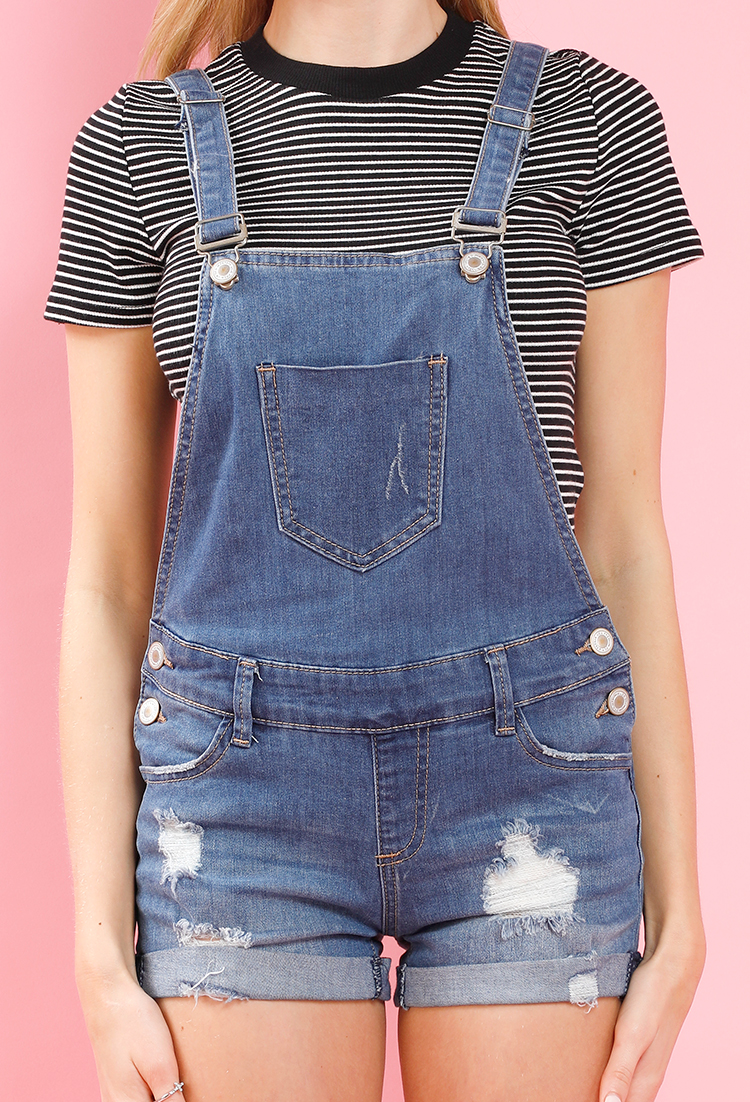 Distressed Denim Overall Shorts