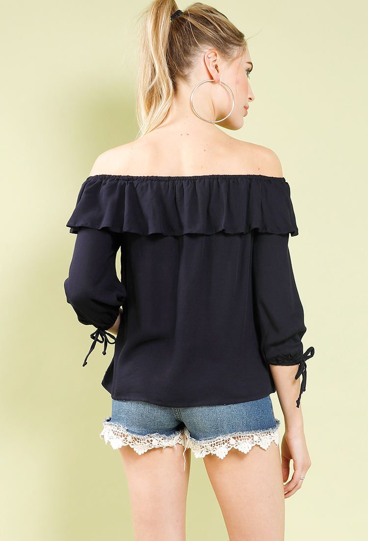 Floral Embroidered Frill-Trim Off-The-Shoulder Top