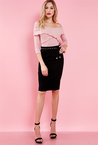 Faux Pearl Belted Bodycon Skirt