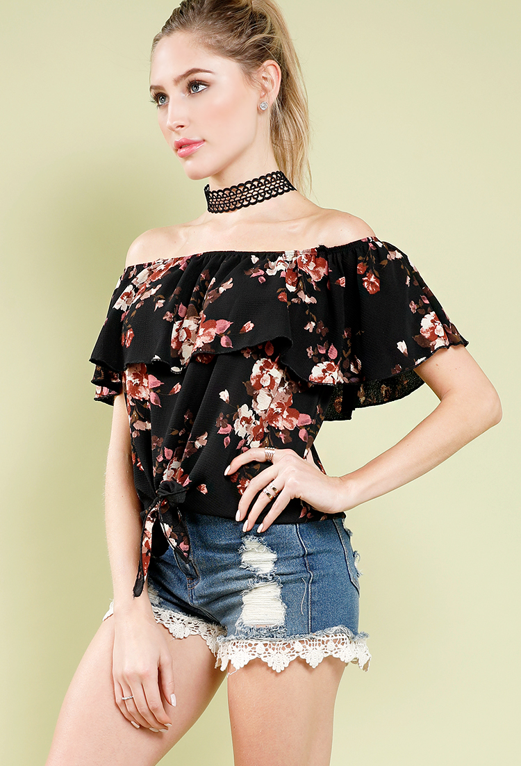 Floral Off-The-Shoulder Self-Tie Top W/Choker