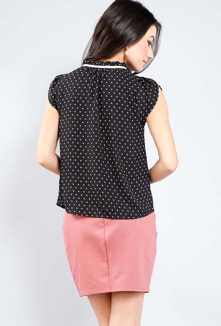 Abstract Pattern Tie-Front Cap-Sleeve Blouse