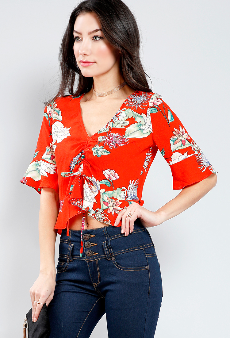 Floral Cropped Tie-Waist Top