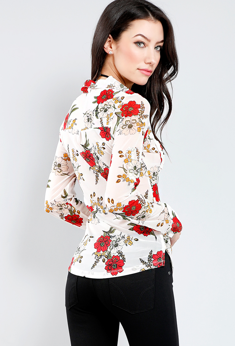 Floral Print Button Up Pocketed Blouse