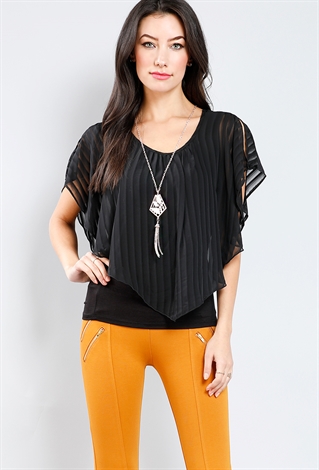 Batwing Mesh Layered Top W/ Necklace