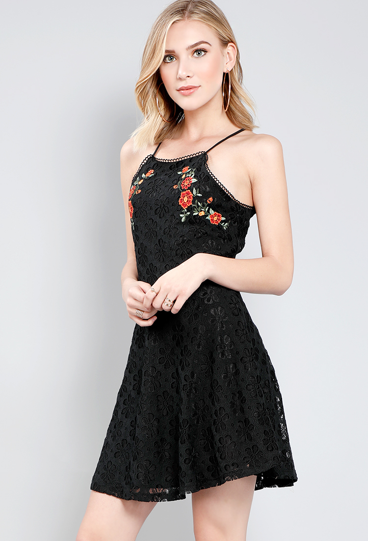 Lace Floral-Embroidered Fit-And-Flare Halter Dress
