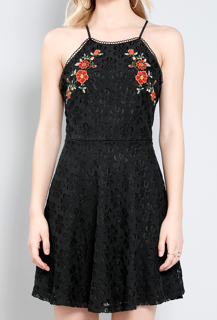 Lace Floral-Embroidered Fit-And-Flare Halter Dress