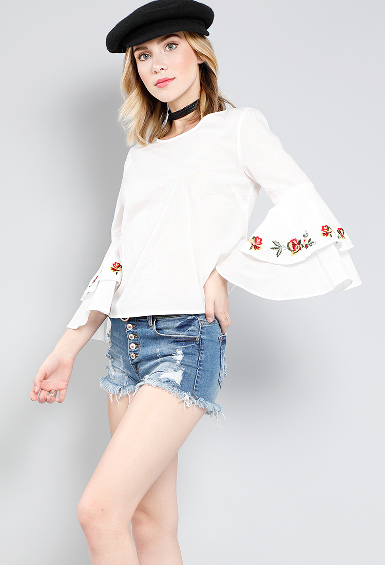 Floral Embroidered Bell-Sleeve Blouse
