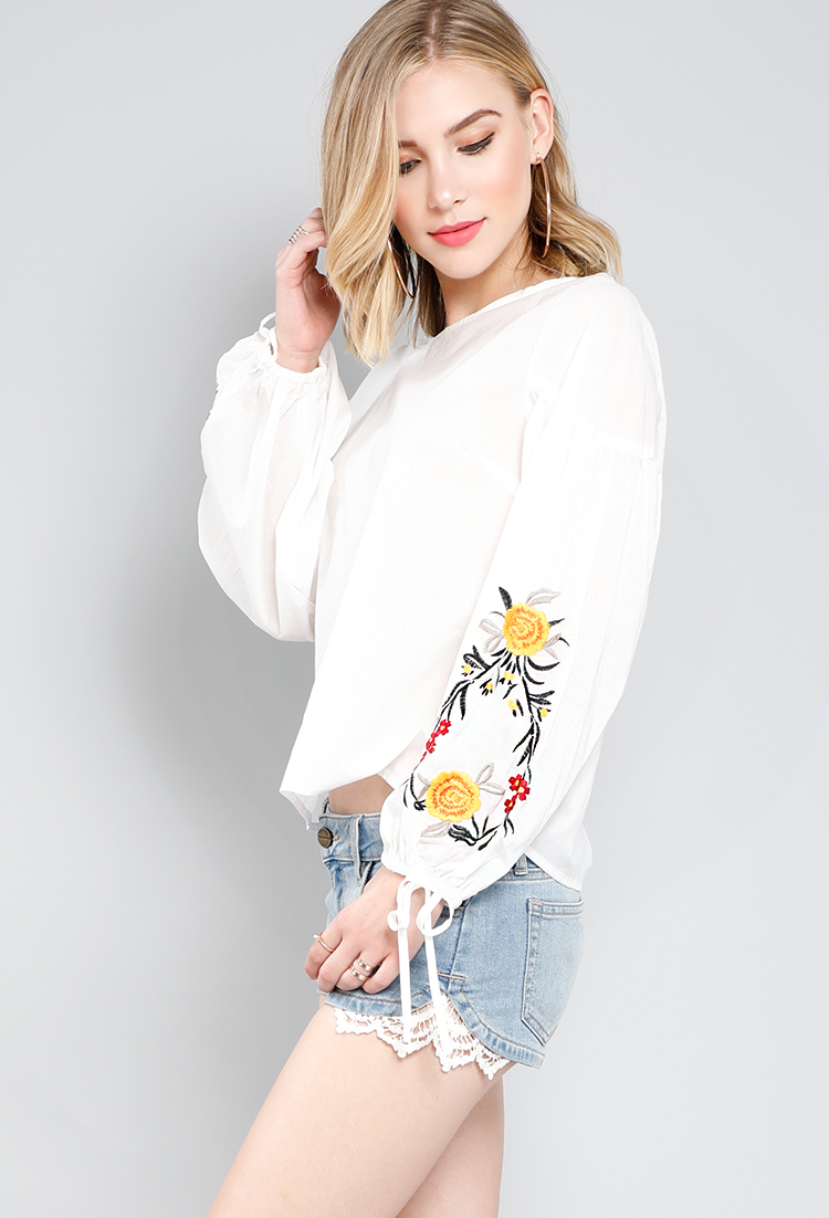 Floral Embroidered Self-Tie Blouse