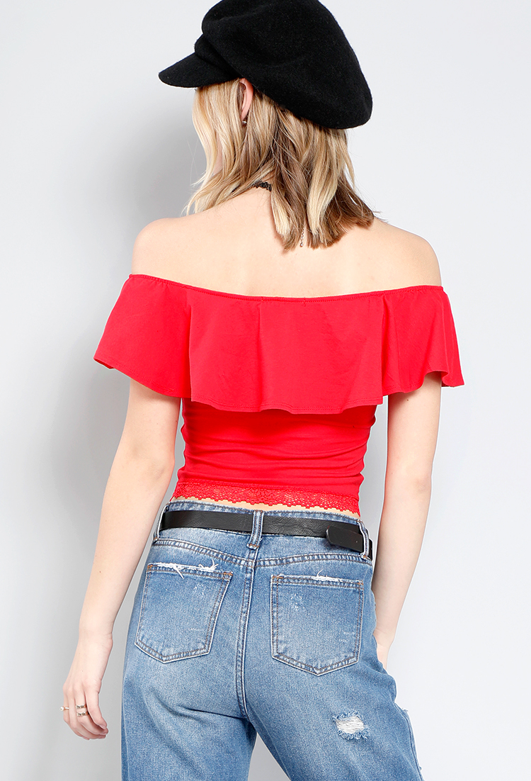 Lace-Trimmed Off-The-Shoulder Flounce Top
