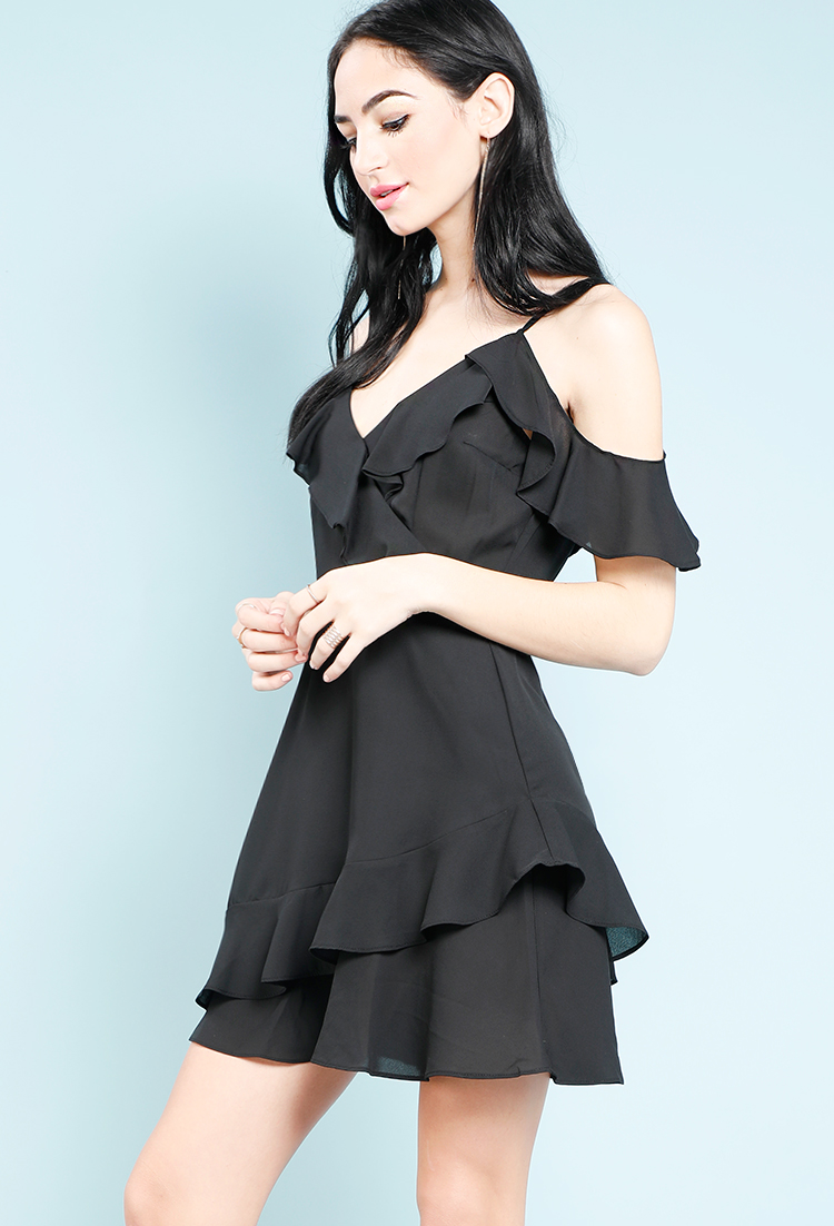 Open-Shoulder Ruffle-Wrap Mini Dress