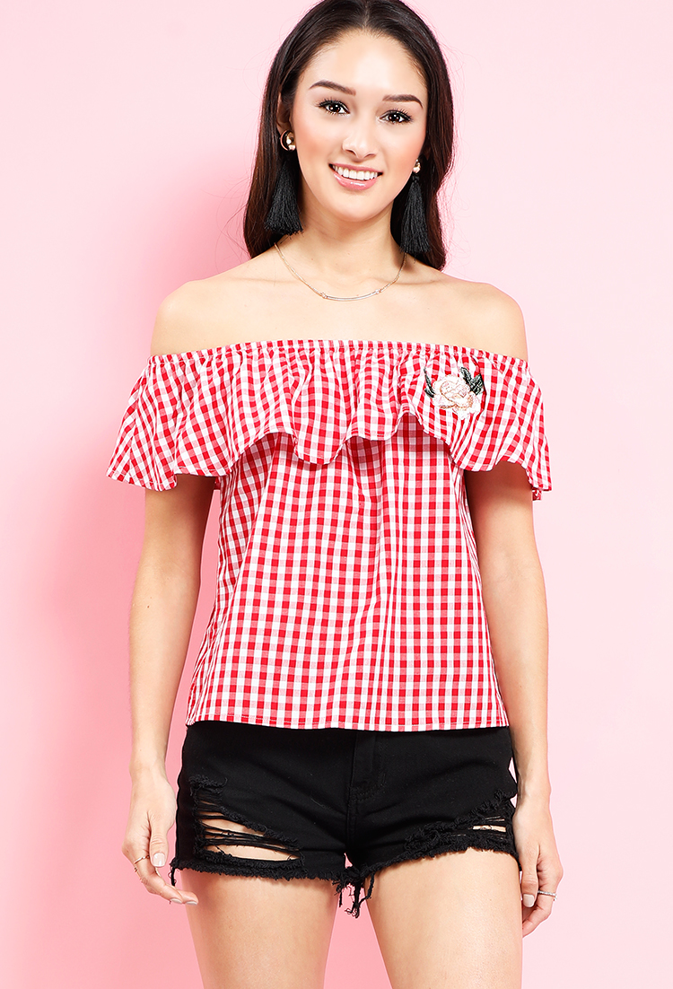 Gingham Off-The-Shoulder Flounce Top