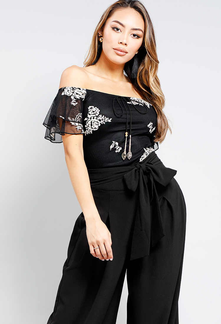 Off-The-Shoulder Floral Embroidered Ruffle Sleeve Mesh Top