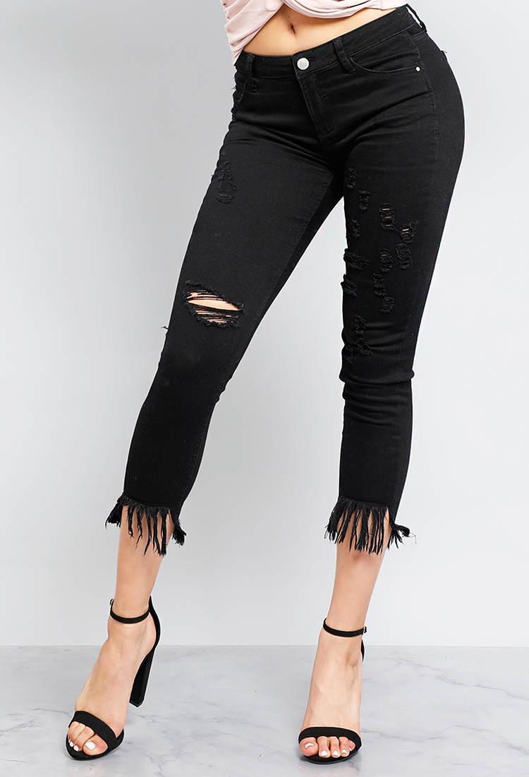 Distressed Frayed Mid-Rise Skinny Jeans