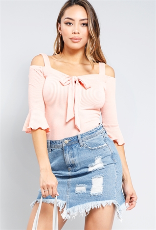 Open-Shoulder Ribbed Bow Ruffle Top