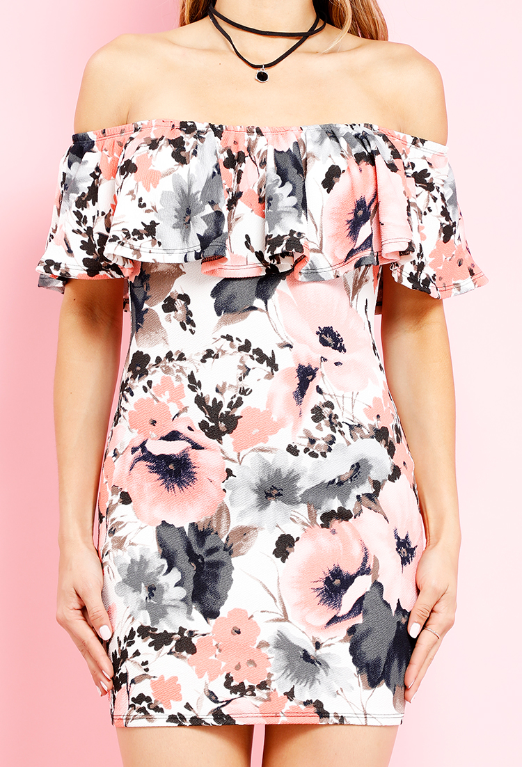 Off-The Shoulder Floral Ruffle Bodycon Dress W/Necklace