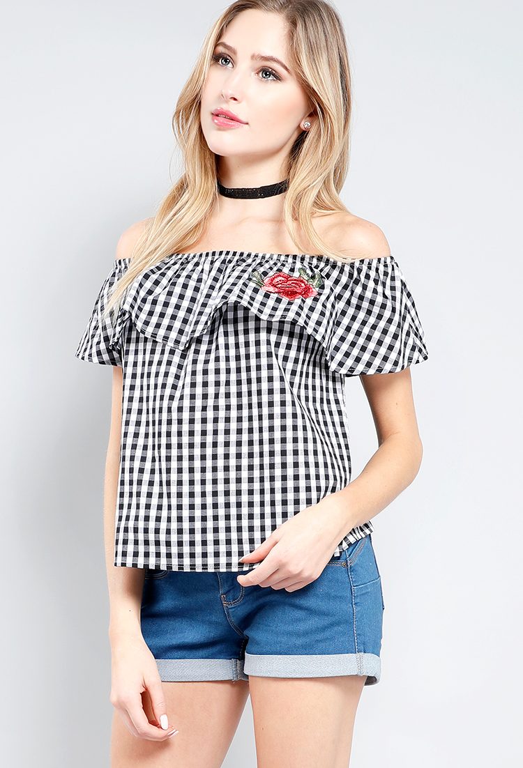 Gingham Off-The-Shoulder Flounce Top