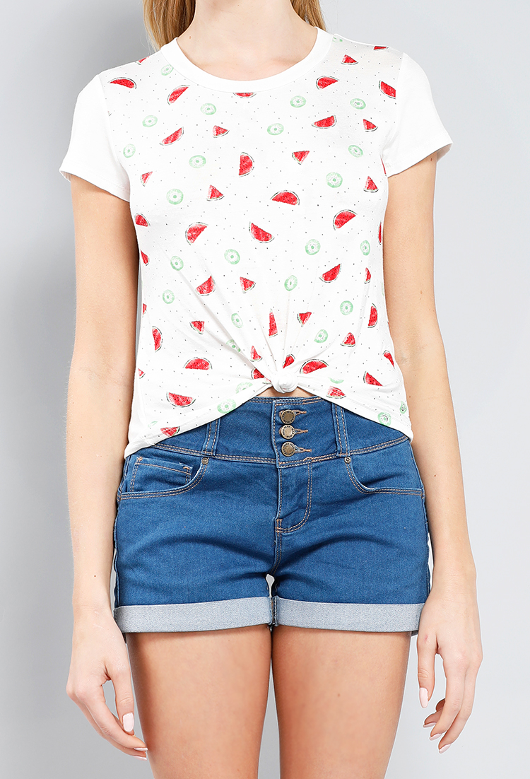 Watermelon Print Knotted Cropped Tee