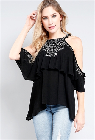 Embroidered Open-Shoulder Ruffle Blouse