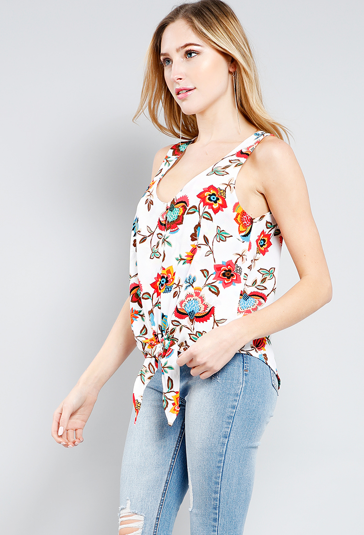 Floral Tie-Front Sleeveless Top