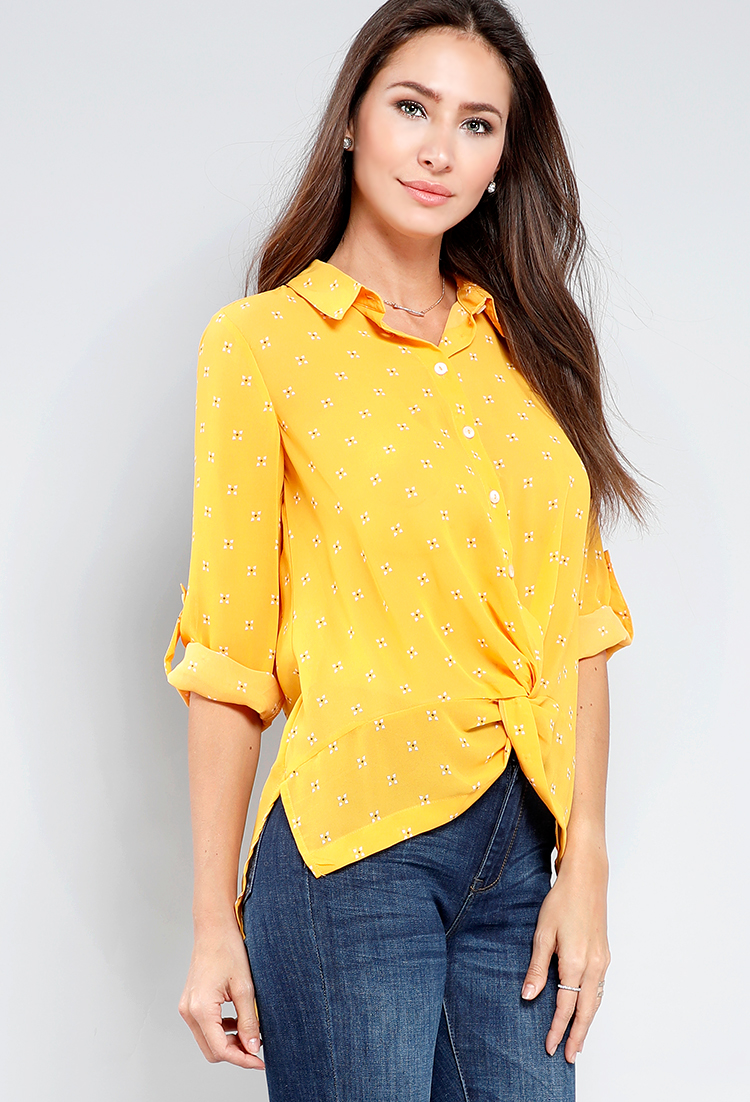 Abstract Print Button-Down Knotted Top