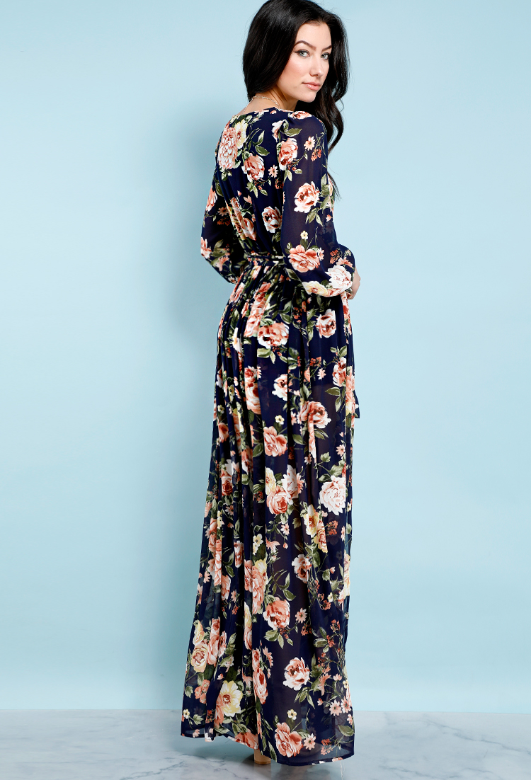 Floral Side Slit Tie-Waist Maxi Dress