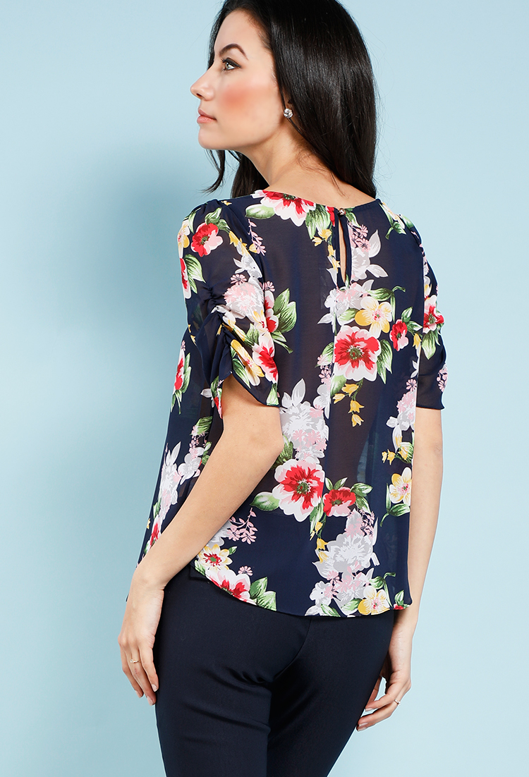 Floral Ruched Sleeve Top