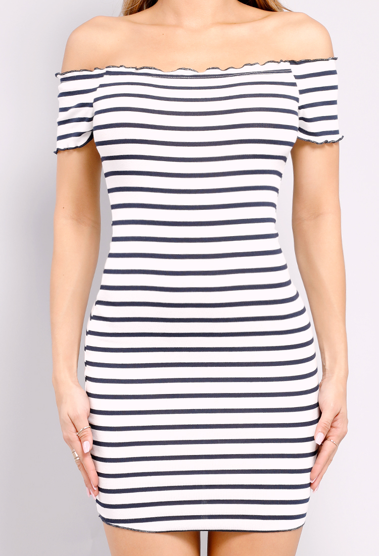 Striped Frill-Trim Off-The-Shoulder Bodycon Mini Dress