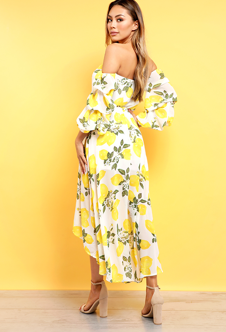 Lemon Print Tier-Sleeve Off-The-Shoulder Midi Dress