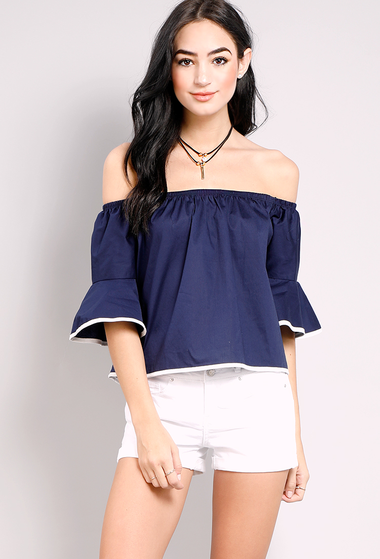 Bell-Sleeve Off-The-Shoulder Top W/ Necklace