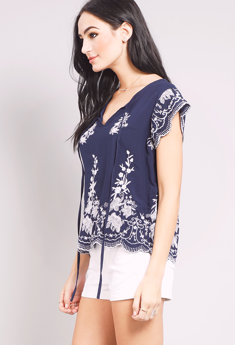 Floral Embroidered Scalloped-Hem Blouse