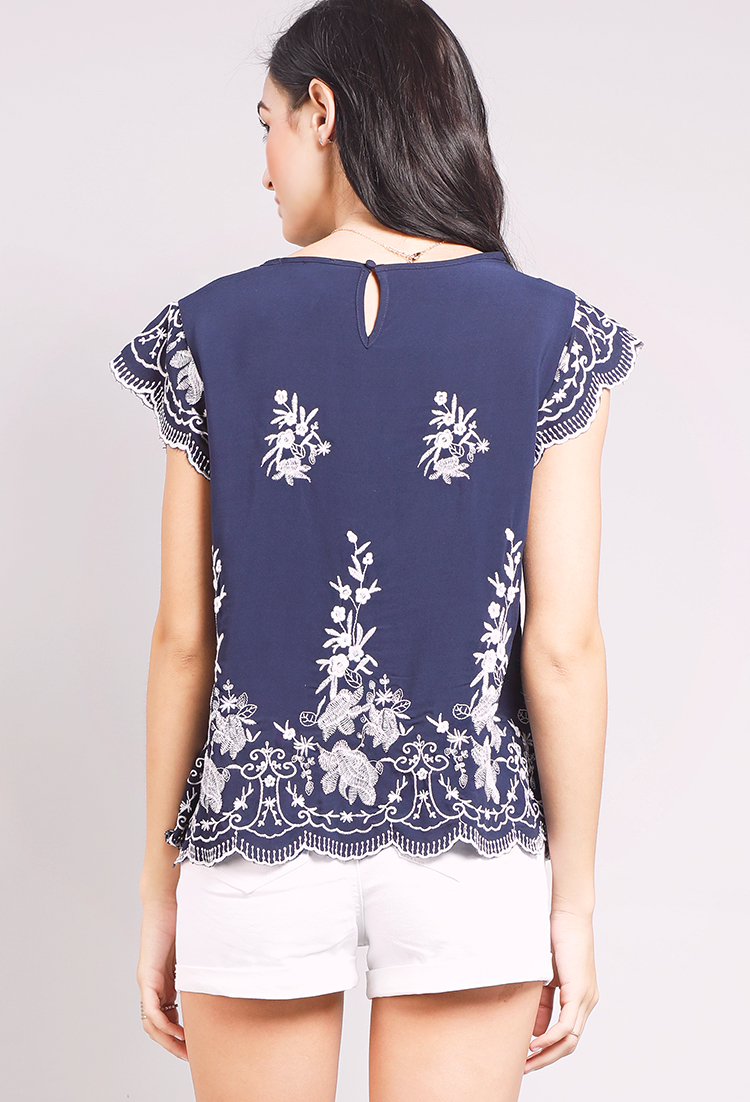 Floral Embroidered Scalloped-Hem Blouse