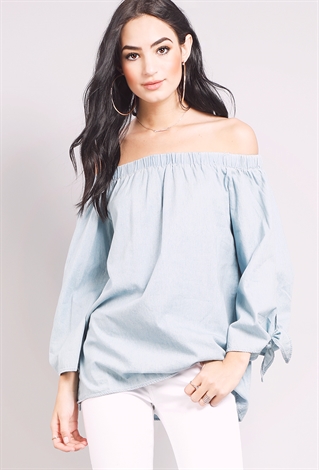 Chambray Off-The-Shoulder Smocked Top