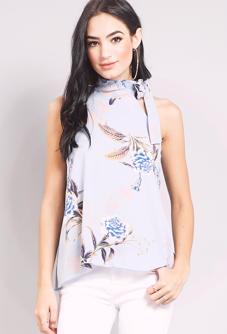 Floral Tie-Neck Sleeveless Blouse
