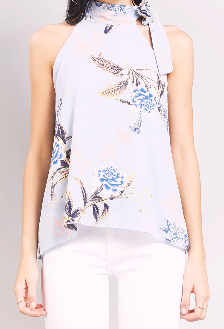 Floral Tie-Neck Sleeveless Blouse