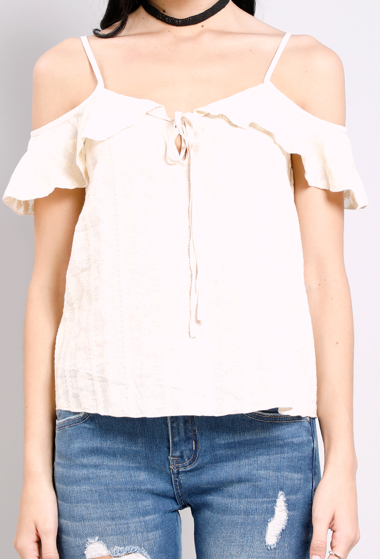 Ruffled Daisy Embroidered Open-Shoulder Top