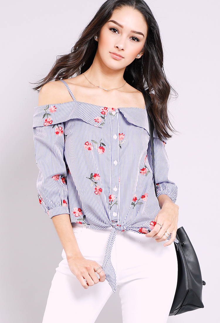 Floral Embroidered Off-The-Shoulder Self-Tie Top