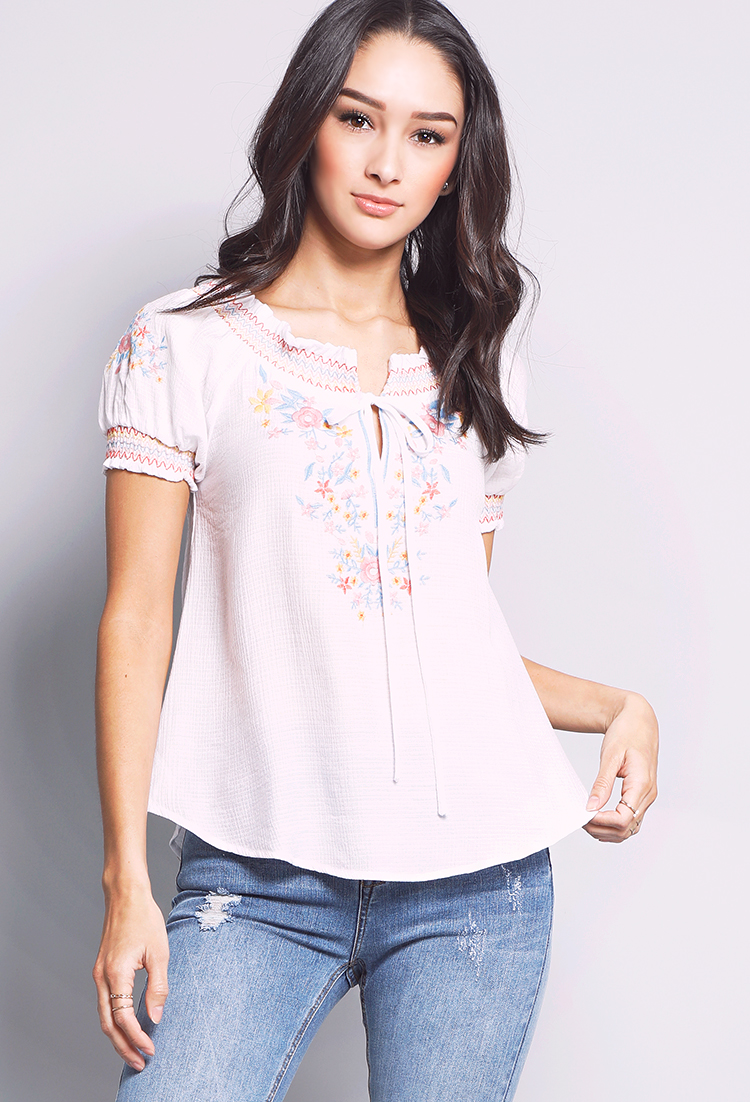 Floral Embroidered Peasant Top