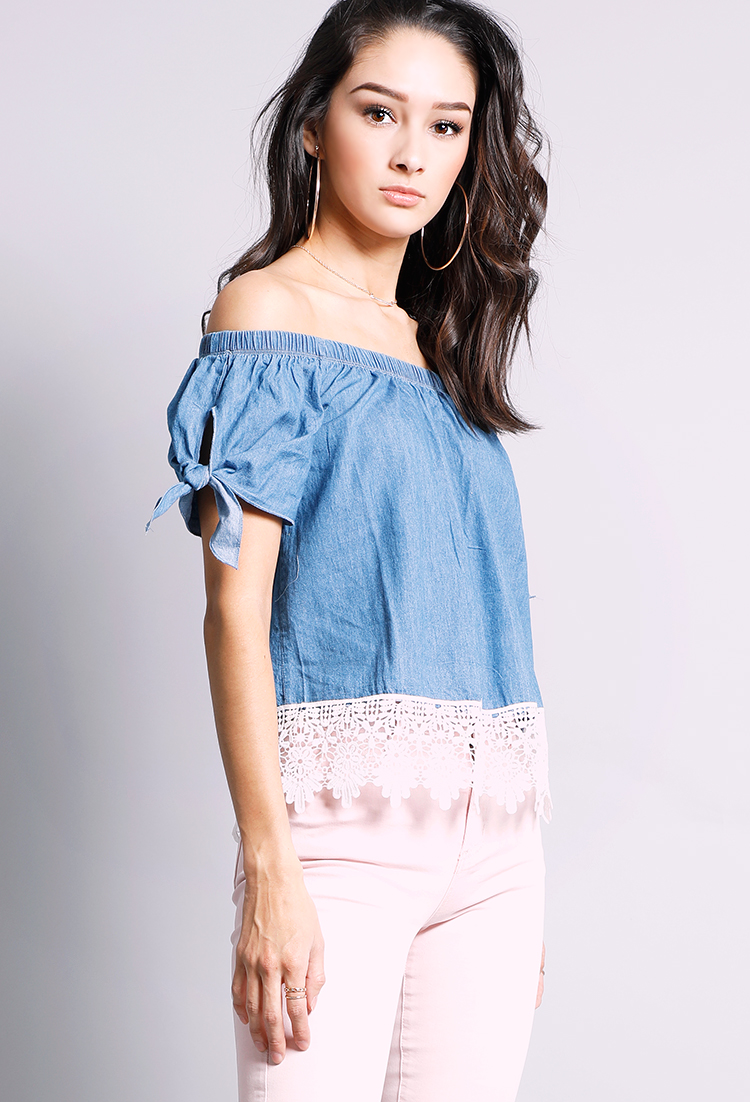 Crochet Trim Chambray Off-The-Shoulder Top