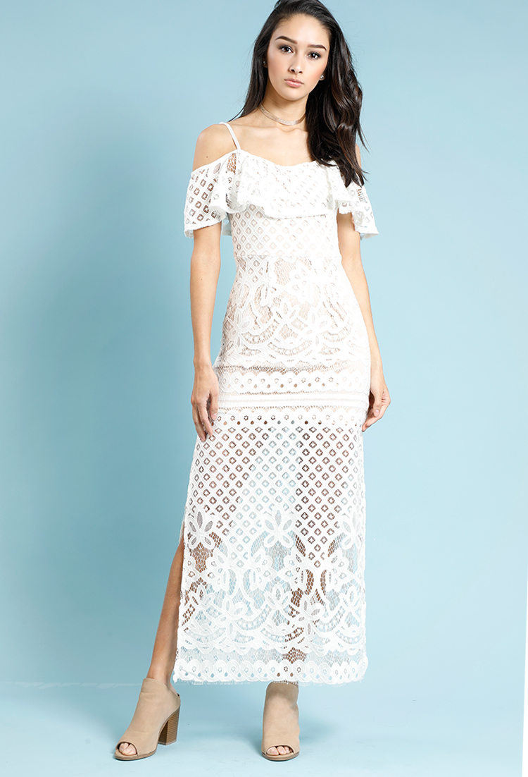 Floral Crochet Overlay Off-The-Shoulder Maxi Dress