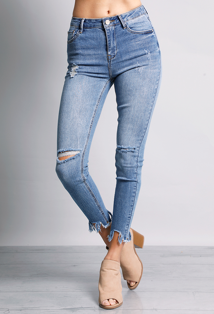 Distressed Frayed Hem Skinny Ankle Jeans