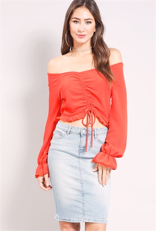 Drawstring Ruched Frill-Trim Top