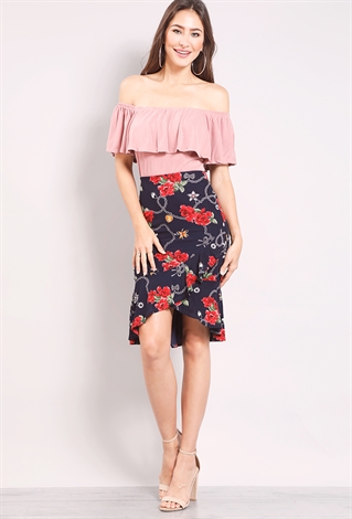 Floral Flounce Bodycon Skirt