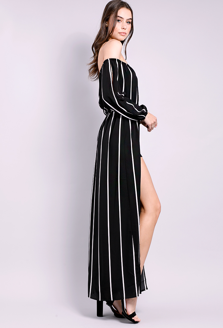 M-Slit Off-The-Shoulder Striped Maxi Dress