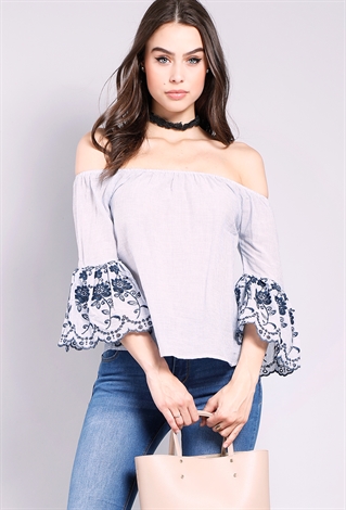 Striped Embroidered Off-The-Shoulder Bell Sleeve Top