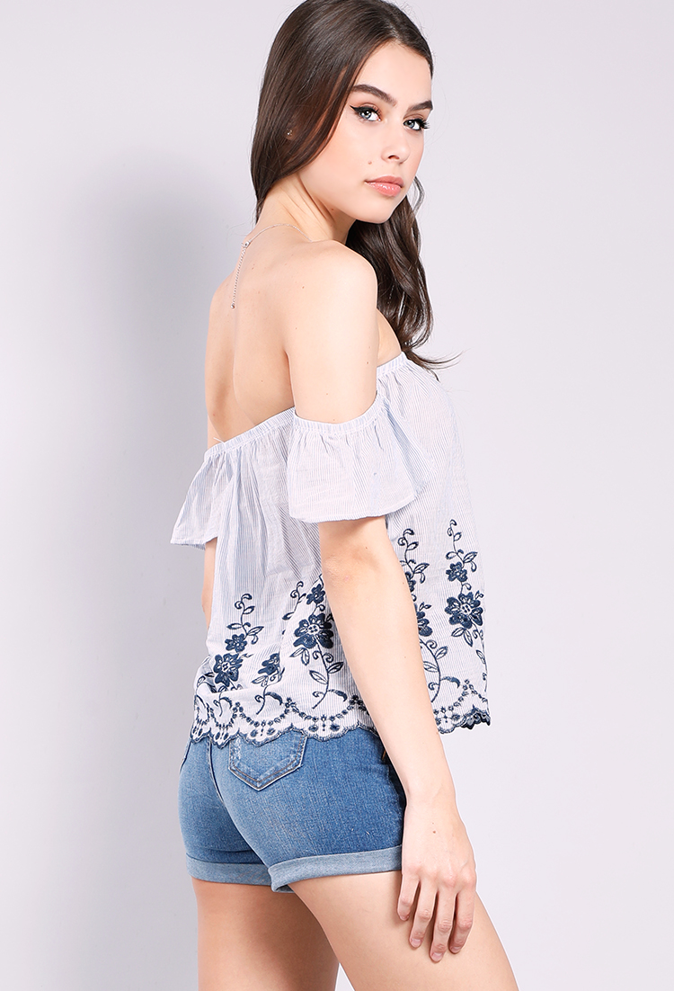 Striped Embroidered Off-The-Shoulder Top