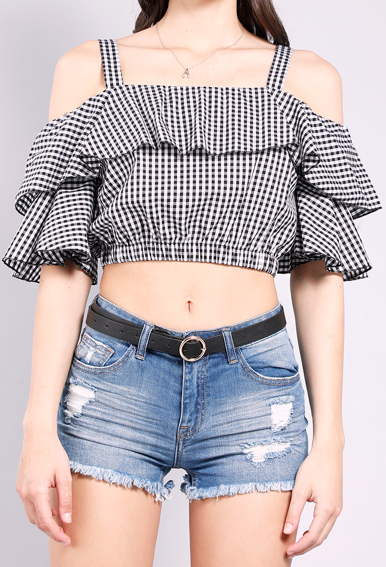Cropped Gingham Ruffle Off-The-Shoulder Top