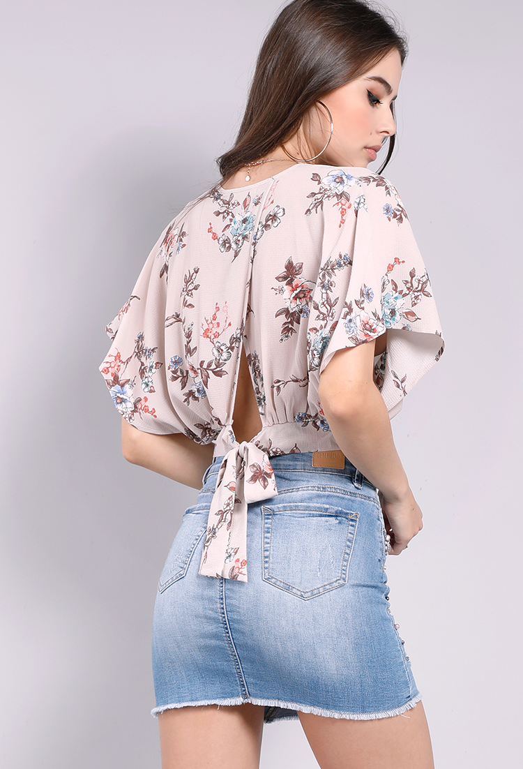 Floral Tie-Back Batwing Cropped Top