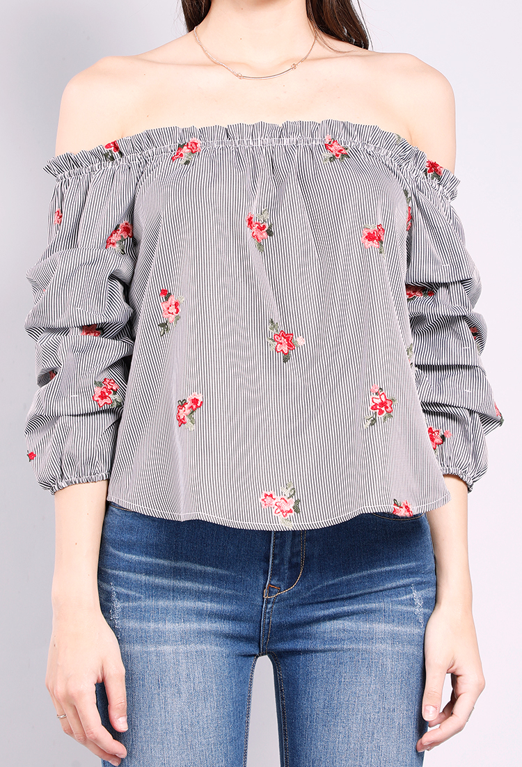 Floral Embroidered Puff-Sleeve Frill Off-The-Shoulder Top 