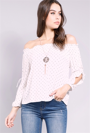 Abstract Pattern  Frill-Trim Off-The-Shoulder Top W/Necklace